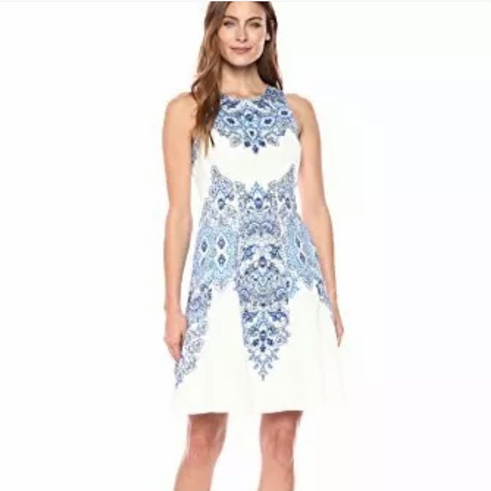 Maggy London Sleeveless Dress |‎ Fit and Flare Blue White 8